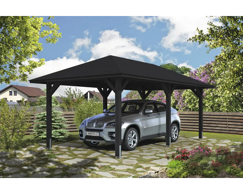 Carport individuel SKAN HOLZ Taunus avec ancre de poteau 374 x 656 cm anthracite Voiture sous un carport en bois