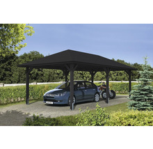 Carport en bois avec voiture et quad