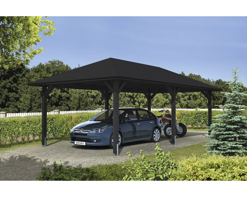 Carport en bois avec voiture et quad