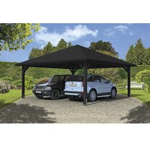 Quadratischer Carport aus Holz mit zwei parkenden Autos