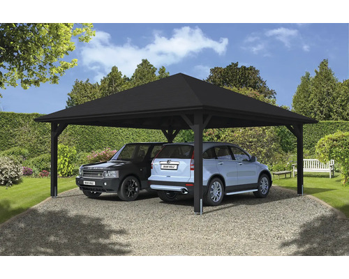 Carport double SKAN HOLZ Taunus avec ancre de poteau 634 x 634 cm anthracite Abri de voiture carré en bois avec deux voitures garées