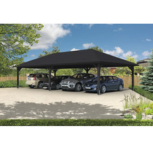Mehrfachcarport aus Holz mit vier geparkten Autos