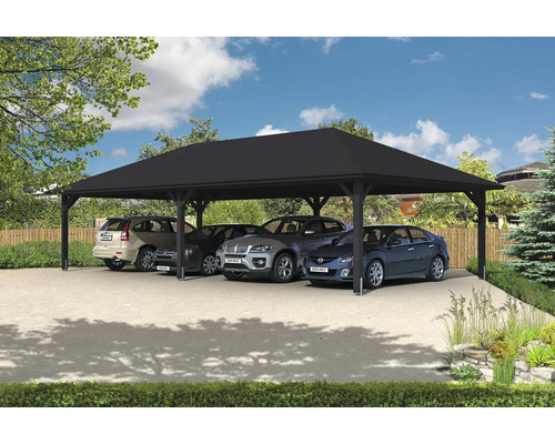 Mehrfachcarport aus Holz mit vier geparkten Autos