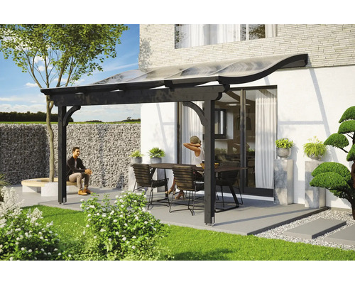 Toiture pour terrasse SKAN HOLZ Verona 434 x 239 cm anthracite Terrasse avec auvent, table et chaises devant la maison