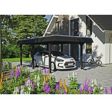 Carport mit Auto und Fahrrad vor einem Haus