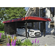 Carport avec remise et voiture garée devant une maison