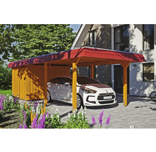 Carport en bois avec remise à outils et voiture garée