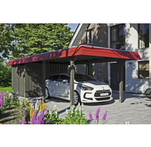 Carport avec remise à outils et voiture garée devant une maison