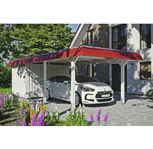 Carport en bois avec remise à outils et voiture garée