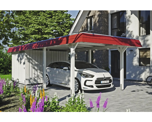Einzelcarport SKAN HOLZ Wendland rote Blende inkl. Pfostenanker, EPDM Folie, Abstellraum 362 x 870 cm weiß Carport aus Holz mit Geräteschuppen und geparktem Auto