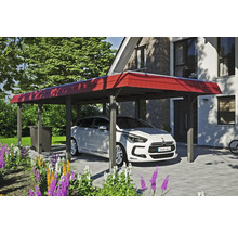 Modernes Carport aus Holz mit rotem Dach und einem parkenden Auto davor.