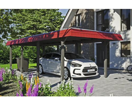 Modernes Carport aus Holz mit rotem Dach und einem parkenden Auto davor.