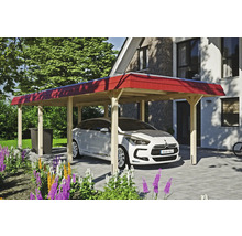 Abri de voiture en bois avec toit rouge à côté d''une maison et d''une voiture