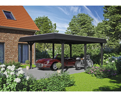 Einzelcarport SKAN HOLZ Wendland schwarze Blende inkl. Pfostenanker, EPDM Folie 409 x 628 cm anthrazit Carport aus Holz mit Auto und Motorrad im Garten
