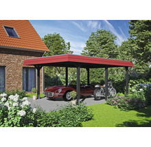 Carport aus Holz mit Auto und Motorrad