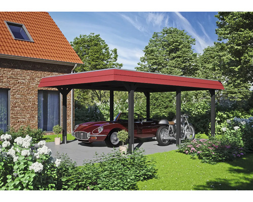 Carport aus Holz mit Auto und Motorrad