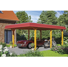 Carport mit Auto und Motorrad auf einem Grundstück
