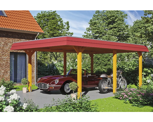 Carport mit Auto und Motorrad auf einem Grundstück