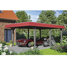 Carport mit Auto und Motorrad auf einem Grundstück