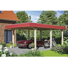 Carport en bois avec voiture et moto