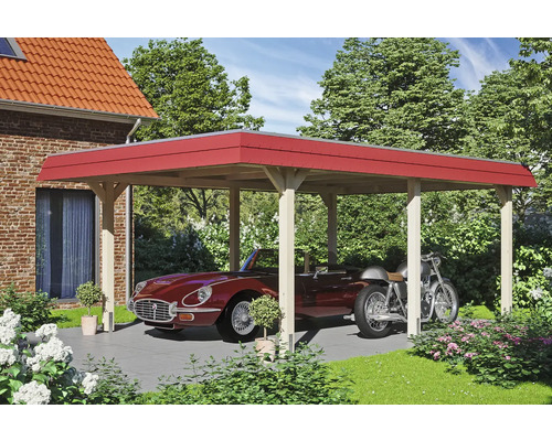 Carport en bois avec voiture et moto
