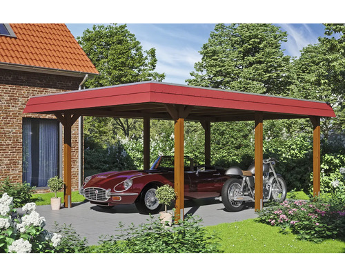 Carport aus Holz mit Auto und Motorrad