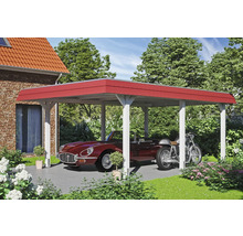 Carport avec toit rouge sous lequel se trouvent une voiture et une moto