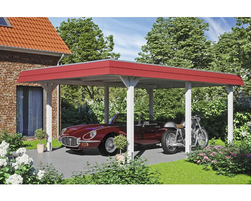 Carport avec toit rouge sous lequel se trouvent une voiture et une moto