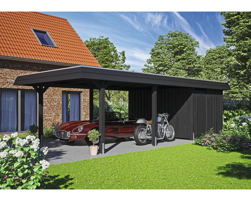 Abri de voiture avec remise à outils, avec une voiture et une moto en dessous.
