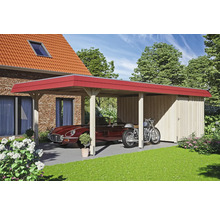 Carport avec remise à outils, comprenant une voiture ancienne et une moto