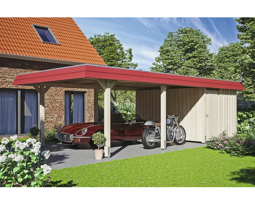 Carport avec remise à outils, comprenant une voiture ancienne et une moto