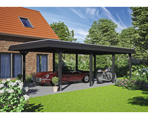 Carport aus Holz mit Auto und Motorrad
