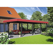 Abri de voiture avec toit rouge, voiture et moto dans le jardin