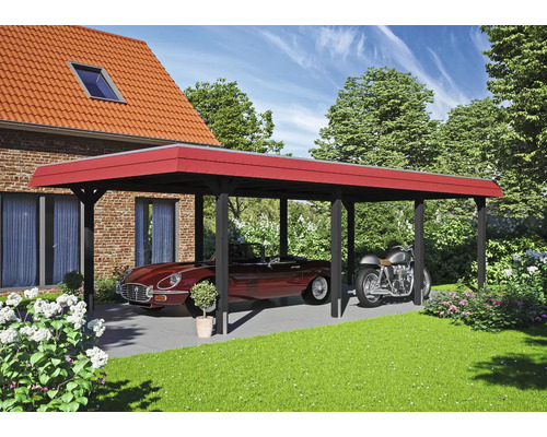 Abri de voiture avec toit rouge, voiture et moto dans le jardin