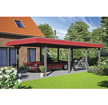 Carport avec toit rouge, avec une voiture de collection et une moto en dessous