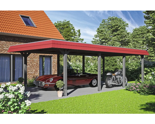 Carport avec toit rouge, avec une voiture de collection et une moto en dessous