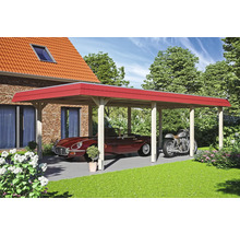 Carport en bois avec voiture et moto