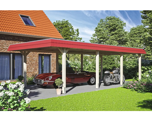 Carport en bois avec voiture et moto