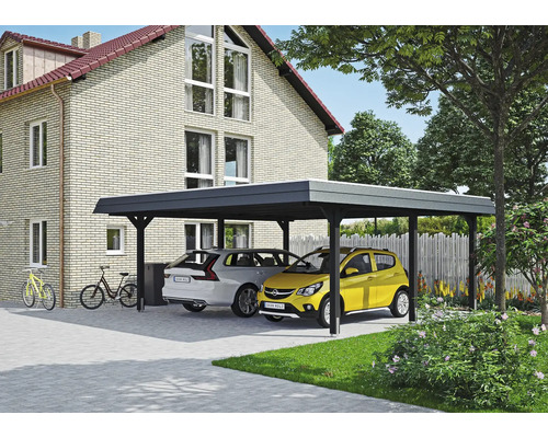 Carport mit zwei geparkten Autos vor einem Wohnhaus