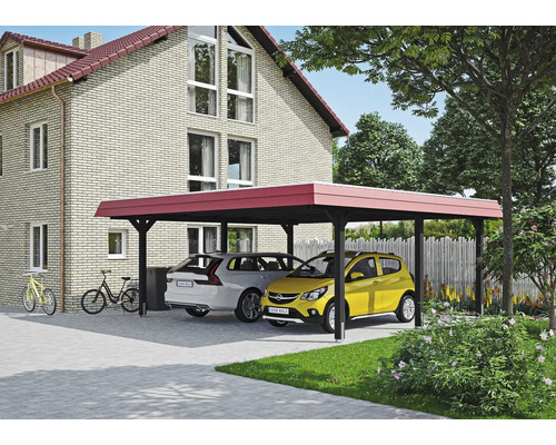 Carport double SKAN HOLZ Wendland bandeau rouge avec ancre de poteau, film EPDM 630 x 637 cm anthracite Abri de voiture en bois avec deux voitures garées devant une maison