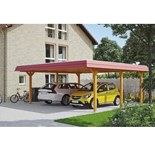 Doppelcarport aus Holz mit zwei geparkten Autos vor einem Haus