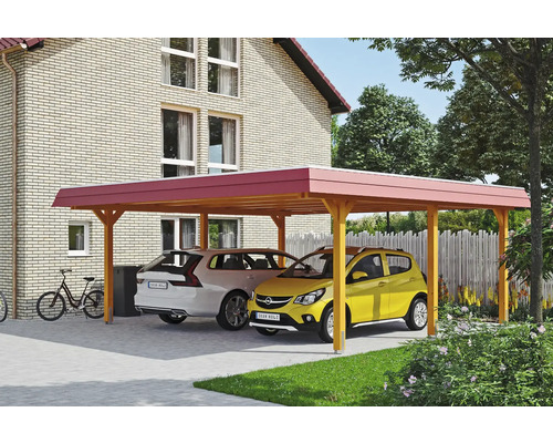 Doppelcarport aus Holz mit zwei geparkten Autos vor einem Haus