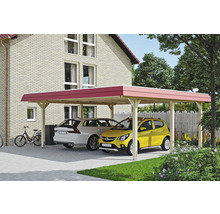 Double carport en bois avec deux voitures garées
