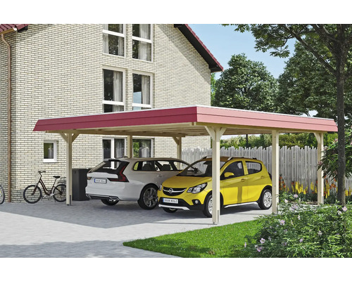 Double carport en bois avec deux voitures garées