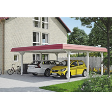Doppelcarport aus Holz mit zwei geparkten Autos