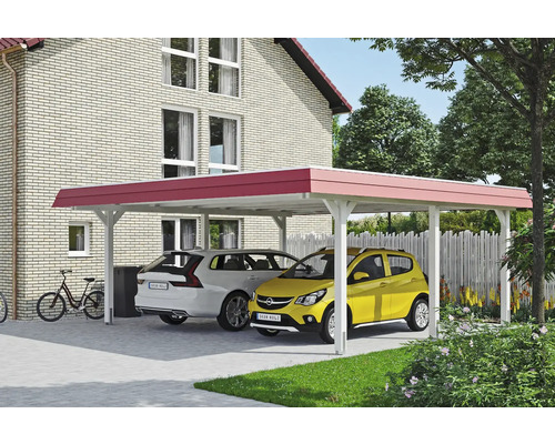 Carport double SKAN HOLZ Wendland bandeau rouge avec ancre de poteau, film EPDM 630 x 637 cm blanc Double carport en bois avec deux voitures garées