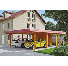 Double carport en bois avec deux voitures garées devant une maison