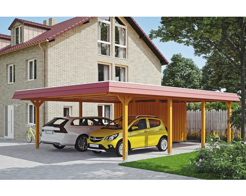 Double carport en bois avec deux voitures garées devant une maison
