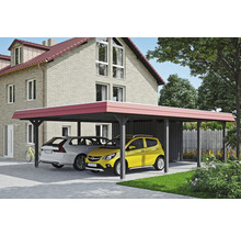 Double carport avec deux voitures garées devant une maison