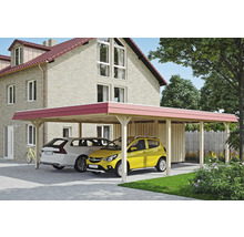 Doppelcarport aus Holz mit zwei geparkten Autos vor einem Wohnhaus